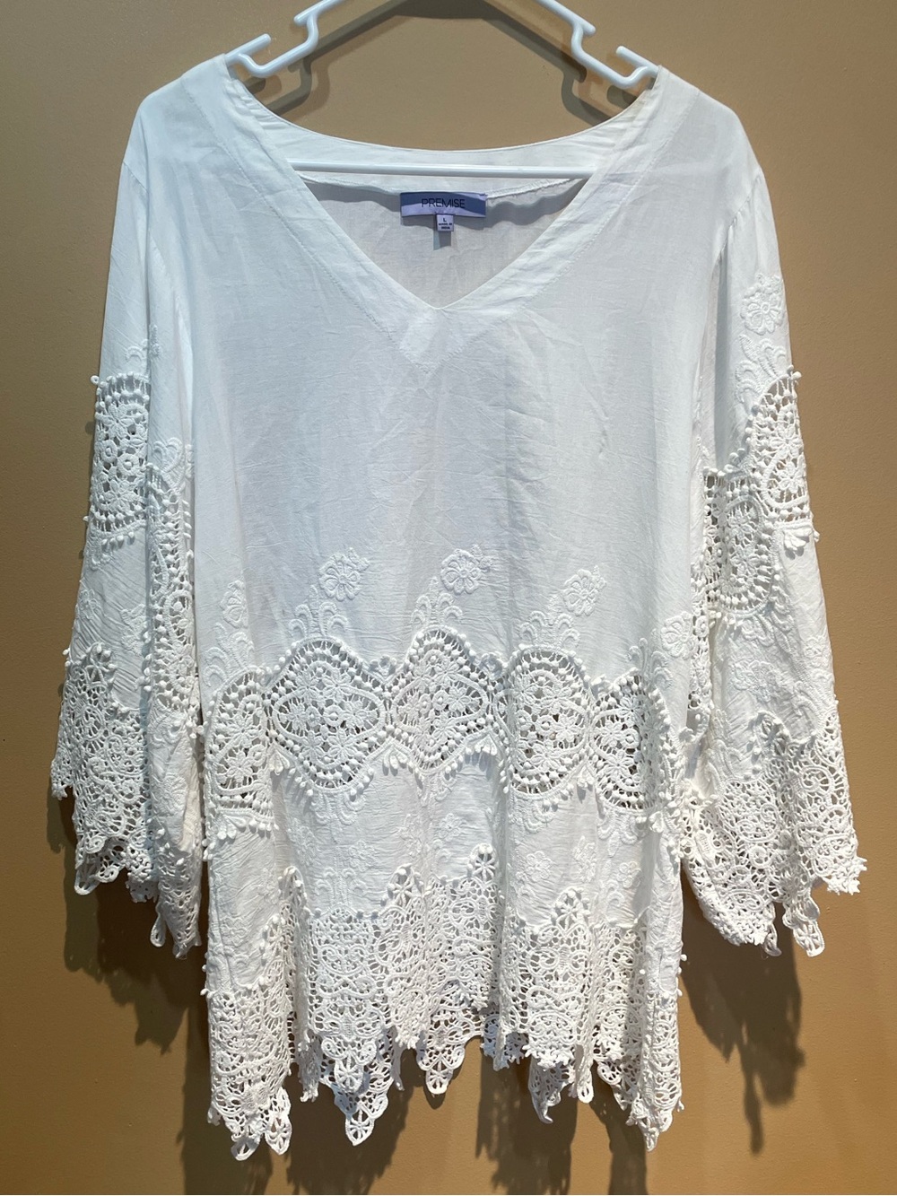 Premise Studio White Crochet Lace Tunic Top Bell Sleeve Boho Blouse Size L